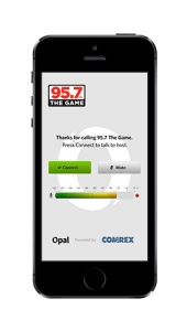 The home page for Comrex Opal, an IP audio gateway for simple guest calls, displayed on an iPhone