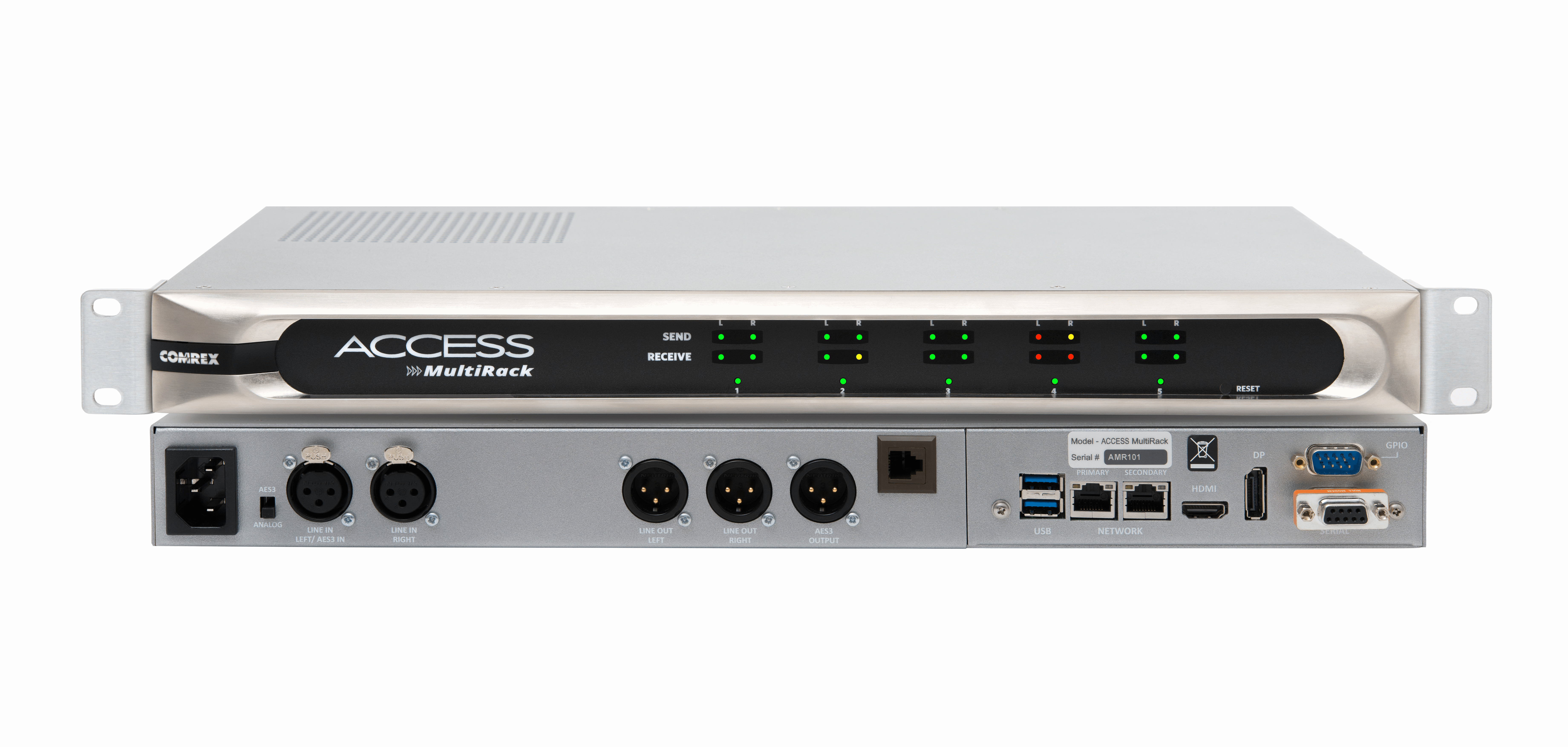 Comrex ACCESS MultiRack stack product photo with front and rear displayed